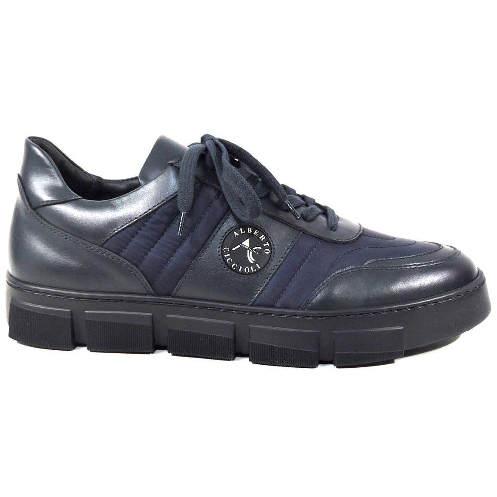 ALBERTO CICCIOLI 🇮🇹 MEN'S  BLUE FABRIC  & BLACK SOFT LEATHER COMFORT SNEAKERS - Picture 4 of 7